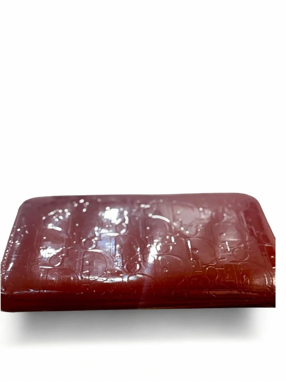 Christian Dior Vintage Trotter Print Patent Leather Long Zip Wallet | Burgundy